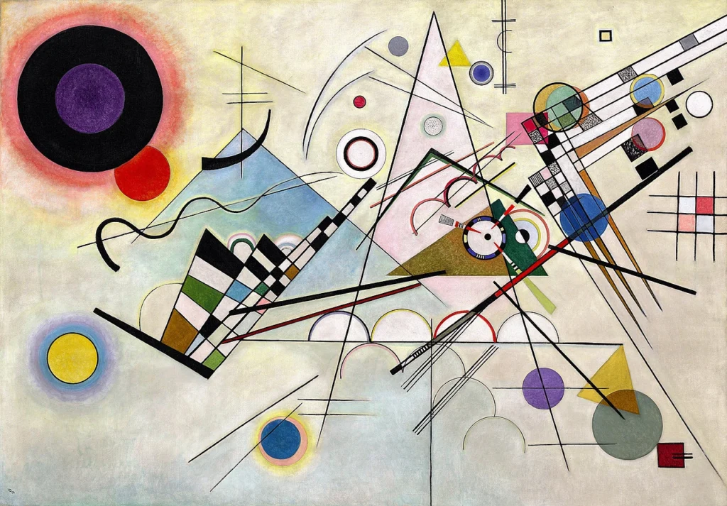 Wassily Kandinsky's abstract painting Composition VIII, featuring dynamic geometric shapes and bold colors, evoking the layered complexity and hidden depth of the Iceberg Method in fiction writing