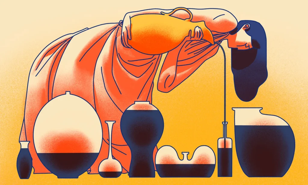 A bold graphic illustration of a robed figure pouring liquid between vessels in orange and navy blue, representing the layered process of transferring meaning and emotion through action in fiction writing