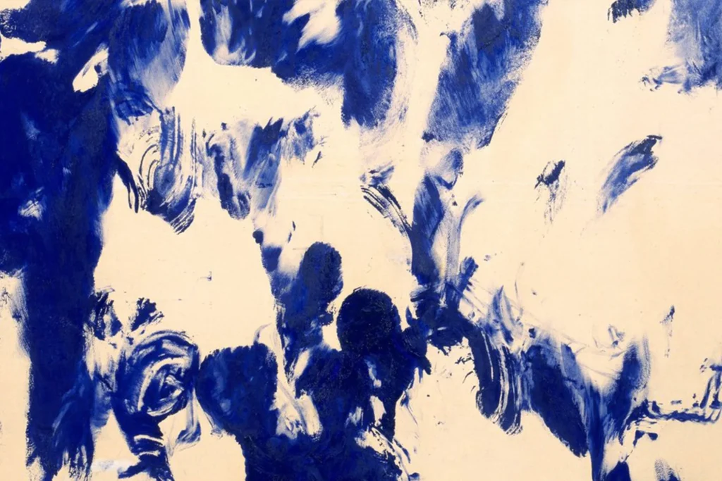An abstract expressionist painting in deep cobalt blue on a cream background with sweeping, gestural brushstrokes, evoking the raw emotional commitment writers bring to their craft despite uncertain financial rewards