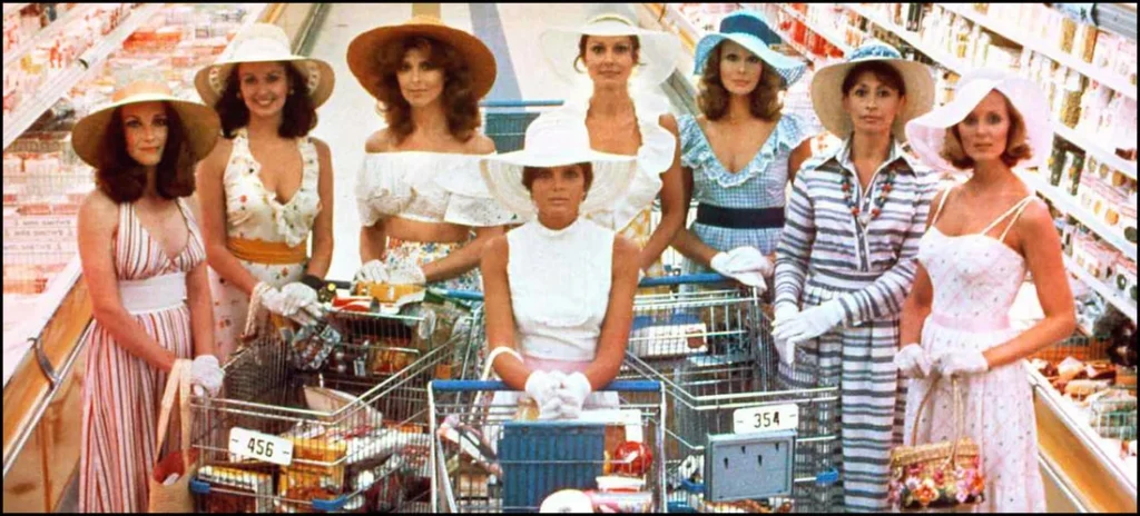 A retro 1970s photo of a group of glamorously dressed women, the Stepford Wives, pushing overflowing shopping carts through a supermarket aisle, representing the overwhelming abundance of creative choices writers face when drafting a new story