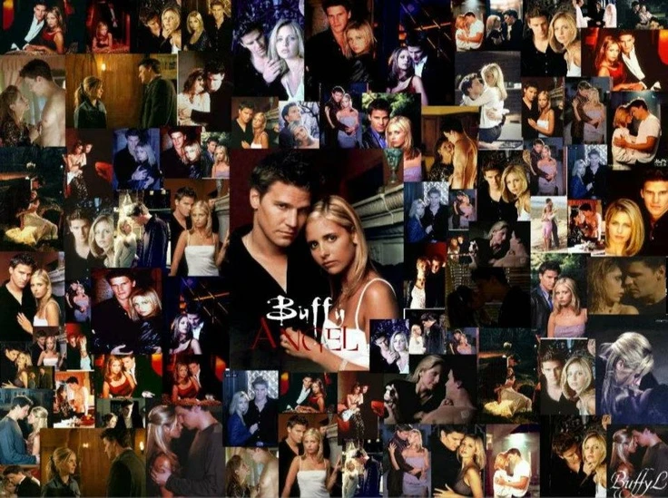 A collage of dramatic scenes from a vampire romance TV series, Buffy the Vampire Slayer and Angel, representing the genre conventions and familiar storytelling beats that inspire — and sometimes elude — fiction writers exploring supernatural romance