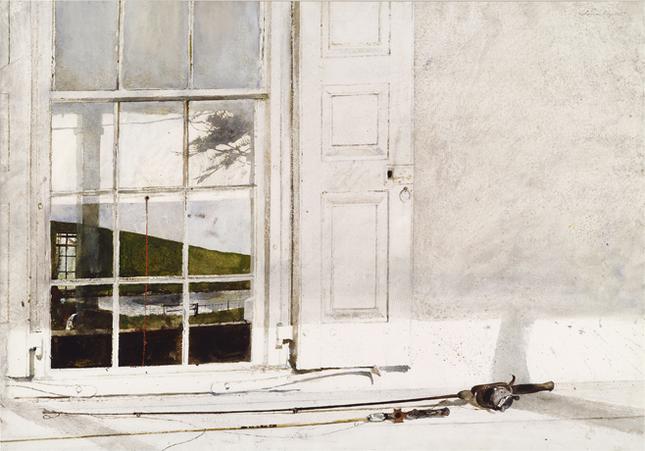 Andrew Wyeth-style realist painting of a white-framed window and door reflecting a quiet rural landscape, with fishing rods resting on the floor, evoking the tension between the outside world and a writer's inner creative space