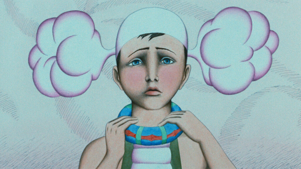 A surreal illustrated figure of a wide-eyed child with pink cloud-like formations flanking their head against a pale blue background, evoking the foggy, disoriented inner world of a writer who has lost their words, their confidence, or their way back to the page