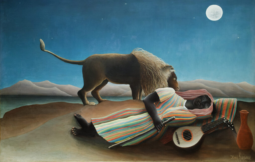 Henri Rousseau's The Sleeping Gypsy (1897), depicting a roaming musician asleep under a full moon while a lion looms watchfully nearby, evoking the precarious, dreamlike state of a writer trying to protect their creative life from the demands that circle in the night
