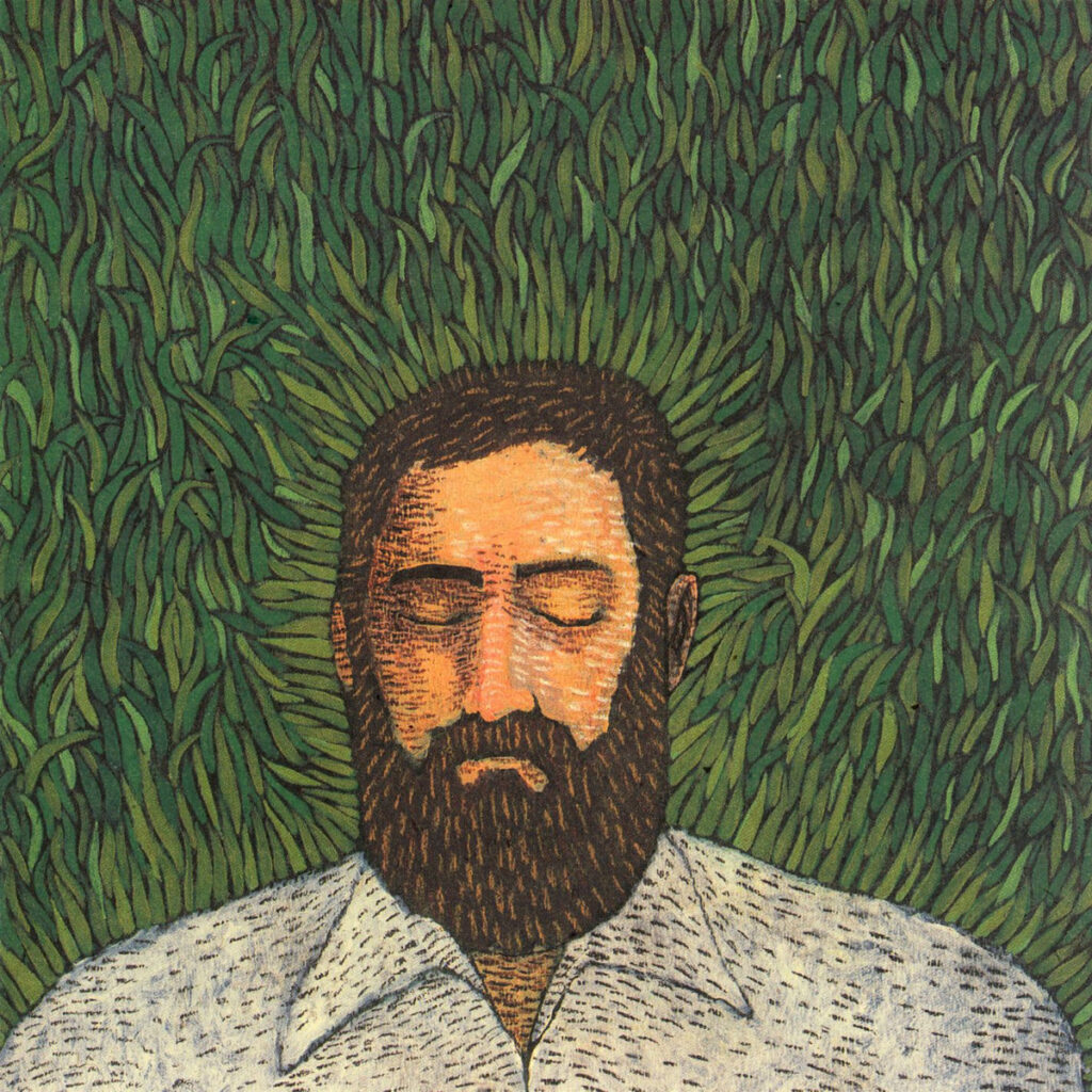 The album cover of Iron & Wine's Our Endless Numbered Days, featuring an illustrated portrait of a bearded man lying peacefully in lush green grass, evoking the soft, unhurried, organically developed voice a writer grows into over time